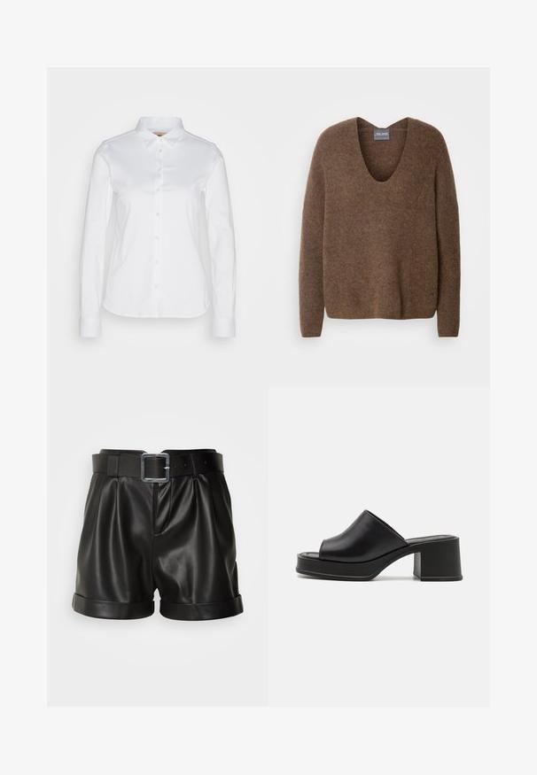 Brown, knitted sweater with a deep V-neck. Features long sleeves and a relaxed fit. Soft texture and subtle branding detail at the hem.; White long-sleeve button-up shirt with a spread collar, featuring a smooth cotton fabric and rounded hem. Fabric has slight sheen.; Black leather shorts with a wide waistband and a silver buckle. Features pleated front and rolled cuffs. Smooth texture and tailored design.; Black leather platform mules with a rounded open toe, low block heel, and smooth texture. Minimalist design with sleek lines.