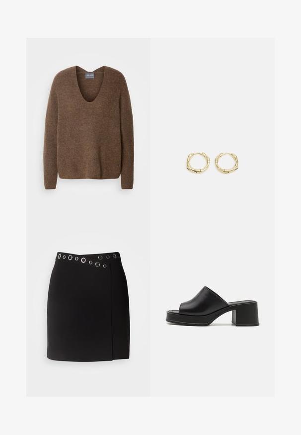 Rudas megztinis su giliu V-įpjovimu. Turi ilgas rankoves ir laisvą siluetą. Minkšta tekstūra ir subtilus prekės ženklo ženklas ant apvado.; Morgan JILLY - Susiaučiamas sijonas - noir; Juodi odiniai platforminiai mulesai su suapvalintu atviru pirštu, žemu blokiniu kulnu ir lygiu paviršiumi. Minimalistinis dizainas su elegantiškomis linijomis.; Aukso žiedo auskarai su tekstūruotu, netaisyklingu paviršiumi. Yra be siūlių užsegimas ir poliruotas paviršius, akcentuojantis modernų dizainą.