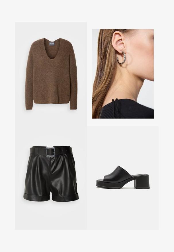 Pull en tricot marron avec un profond col en V. Il a des manches longues et une coupe décontractée. Texture douce et détail de marque subtil au niveau de l'ourlet.; Shorts en cuir noir avec une large taille et une boucle en métal argenté. Présentent un devant plissé et des manches roulées. Texture lisse et design ajusté.; Mules à plateforme en cuir noir avec un bout ouvert rond, un petit talon carré et une texture lisse. Design minimaliste avec des lignes épurées.; Boucle d'oreille en argent avec une finition polie, présentant de petits détails en or et de forme ronde, portée sur le lobe.