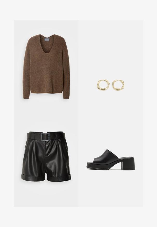 Brown, knitted sweater with a deep V-neck. Features long sleeves and a relaxed fit. Soft texture and subtle branding detail at the hem.; Black leather shorts with a wide waistband and a silver buckle. Features pleated front and rolled cuffs. Smooth texture and tailored design.; Black leather platform mules with a rounded open toe, low block heel, and smooth texture. Minimalist design with sleek lines.; Gold hoop earrings with a textured, irregular shape. Features a seamless closure and a polished surface finish, emphasizing a modern design.