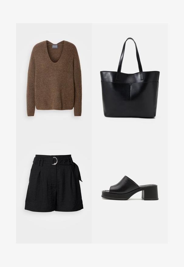Hnědý pletený svetr s hlubokým véčkovým výstřihem. Má dlouhé rukávy a volný střih. Měkká textura a subtilní branding detail na spodním lemu.; Černé kraťasy vyrobené z texturované látky, s opaskem se stříbrnou kruhovou sponou, s plisováním na přední straně a s pevně střiženým střihem.; Černé kožené platformové muly s kulatou otevřenou špičkou, nízkým blokovým podpatkem a hladkým povrchem. Minimalistický design s elegantními liniemi.; Černá kožená taška s dlouhými ušima, hladkým povrchem a strukturovaným tvarem. Obsahuje přední kapsu pro další úložný prostor.
