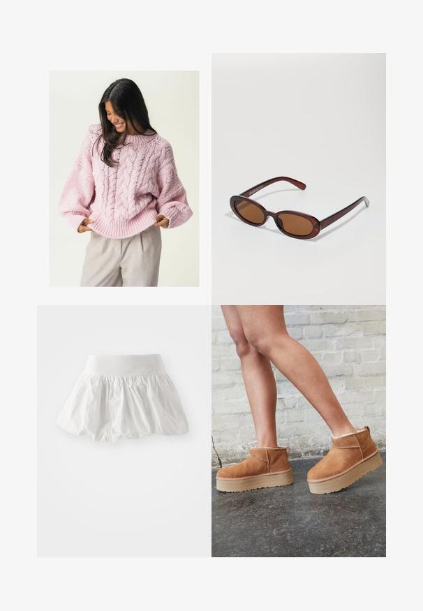 Svijetlo ružičasti pleteni pulover s pletenim uzorkom, širokim rukavima i rebrastim donjim dijelom. Tkanina izgleda mekano i masivno, što dodatno povećava toplinu.; Bijela mini suknja od lagane tkanine. Ima naborani, lepršavi dizajn s širokim pojasom. Glatka tekstura, bez vidljivih uzoraka.; Smeđi antilop čizmi do gležnja s mekanim postavljanjem, debljim bež platformski potplat i stražnjim povlačnim trakama. Teksturirana površina s vidljivim šavovima.; Okvir okruglih, smeđkastih sunčanih naočala s sjajnim burgundskim okvirom. Uski nositelji s suptilnim brendiranjem. Ravna leća.; Prugasti šal od mekane, teksturirane vune; s crvenim, ružičastim i bijelim prugama te svijetlim resicama na krajevima.