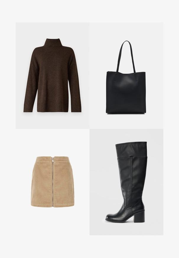 Hnědý pletený svetr s vysokým žebrovaným límcem, širokými rukávy a měkkou texturou. Má uvolněný střih a žebrované detaily na rukávech.; Kratká sukně z kordu v béžové barvě, s vertikálně ribbovanou texturou, vysokým pasem a předním zipem. Jednoduchý design s čistými liniemi.; Kozačky černé barvy z hladké kůže, do výšky kolen, s blokovým podpatkem a prošitím podél stran. Jednoduchý a moderní design.; Černá kožená taška přes rameno s hladkým povrchem, obdélníkovým tvarem a dvěma dlouhými uchy. Žádné viditelné kování ani ozdoby.