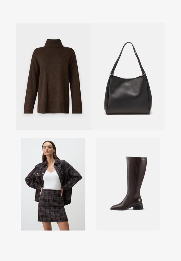 Maglione brown in maglia con colletto alto a costine, maniche larghe e una texture morbida. Presenta una vestibilità rilassata e dettagli a costine sulle maniche.; Giacca navy a trama con dettagli arancioni, top bianco senza maniche e mini gonna a trama coordinata. La giacca presenta bottoni e una vestibilità oversize.; Stivali in pelle marrone al ginocchio con finitura liscia, punta arrotondata e tacco nero impilato. Design semplice con dettagli hardware minimi.; Borsa a tracolla nera in pelle sintetica con una texture morbida, forma hobo e doppi manici; presenta una finitura lucida e un design minimalista.