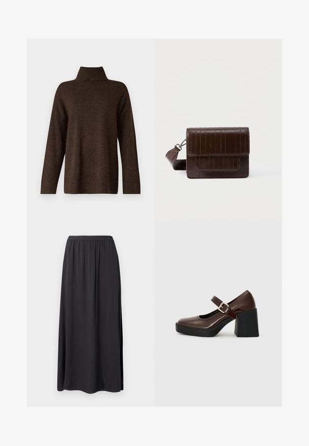 Pulover tricotat maro cu un guler înalt și ribflat, mâneci largi și o textură moale. Prezentă o croială lejeră și accente riblate pe mâneci.; Fustă maxi neagră, confecționată dintr-un material moale și fluid. Are un brâu elastic și slituri laterale, oferind o croială relaxată și un siluetă elegantă.; Pantofii Mary Jane din piele patentă maro, cu toc pătrat, având o curea cu cataramă și vârf rotund, așezați pe o talpă texturată de culoare neagră.; Geantă crossbody din piele maro cu finisaj texturat, prevăzută cu închidere cu clapetă, curea reglabilă și buzunar frontal. Formă dreptunghiulară compactă.