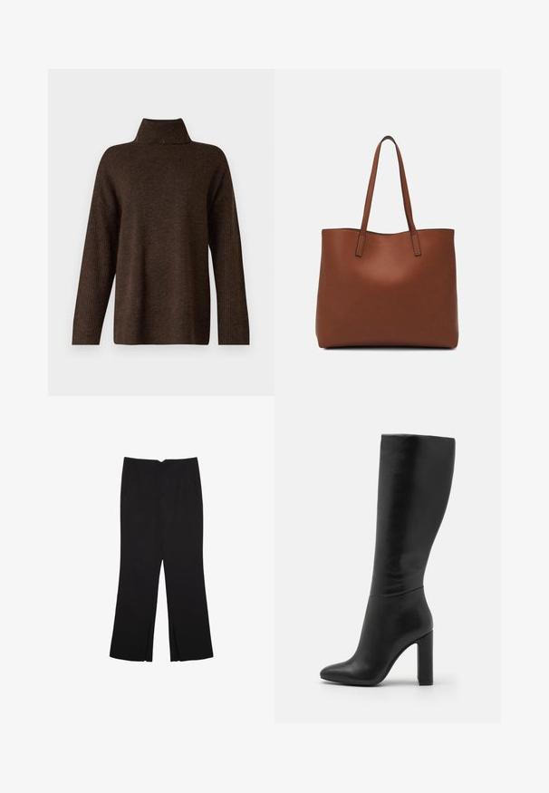 Brauner Strickpullover mit hohem Rippkragen, weiten Ärmeln und weicher Textur. Verfügt über eine lockere Passform und Rippdetails an den Ärmeln.; Schwarze Hose mit geradem Schnitt, ausgestattet mit Fronttaschen und Seitenschlitzen am Saum. Hergestellt aus weichem, glattem Stoff. Geeignet für verschiedene Anlässe.; Knöchelhohes schwarzes Lederstiefel mit spitzer Zehe und hohem Blockabsatz. Glatte Textur mit minimalistischem Design und ohne sichtbare Beschläge.; Braune Leder-Tote mit glatter Textur, offenem Oberteil und zwei Schulterriemen. Verfügt über minimale Nähte und keine sichtbaren Beschläge.