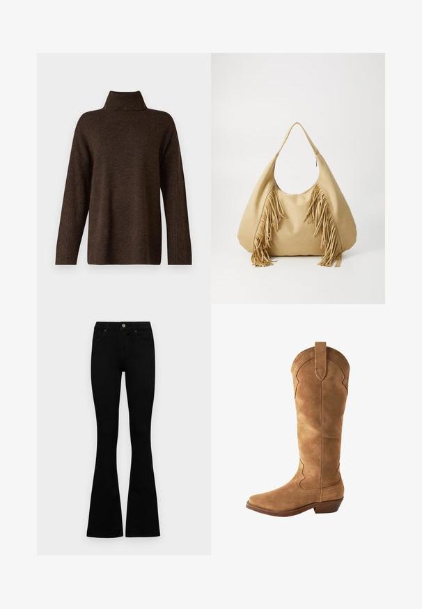Brun strikket sweater med høj ribkant, brede ærmer og en blød tekstur. Har en afslappet pasform og ribbede detaljer på ærmerne.; Sorte flared jeans lavet af denim. Har en knaplukning, fem lommer og en glat overflade. Den flagrende benstarter lige under knæet.; Brun ruskind knæhøje støvler med spids tå, buet top silhuet og lille hæl. Har dekorativ syning langs siderne.; Tan ruskind skuldertaske med en stor åbning og lange frynse detaljer på begge sider, kendetegnet ved en glat tekstur og et enkelt håndtag.