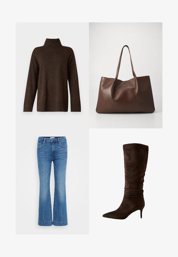 Rudas megztinis su aukšta raukšlėta apykakle, plačiomis rankovėmis ir minkšta tekstūra. Yra laisvas prigludimas ir raukšlėti akcentai ant rankovių.; Plati džinsai su aukštu liemeniu, su švelniu nusidėvėjimo efektu priekyje, penkių kišenių dizainu ir kontrastingomis siūlėmis.; Rudos zomšo kelio ilgio batai su smailiu pirštu ir siauru kulnu. Dizainas turi susiraukšlėjimo tekstūrą viršuje, kad suteiktų papildomo akcento.; Ruda odinė rankinė su minkštu, nuolaidžiu dizainu. Yra dvi ilgos rankenos, o tekstūra lygi, be matomų metalinių detalių ar raštų.