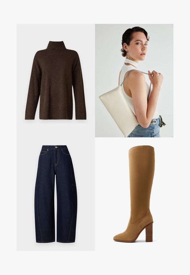 Ruskea neulepaita, jossa on korkea ribattu kaulus, leveät hihat ja pehmeä textura. Ominaisuuksiin kuuluu rento malli ja ribbaus yksityiskohtina hihoissa.; Musta siniset leveälahkeiset farkut, joissa on kontrastiväriset oranssit tikkaukset, viisi taskua sekä nappi- ja vetoketjukiinnitys vyötäröllä.; Knee-high vaaleat mokkasiinisaappaat, joissa on terävä kärki, pystysaumat ja paksu korko, jossa on vaakasuorat urat.; Valkoinen suorakulmainen clutch-laukku, joka on valmistettu kiiltävästä materiaalista ja jossa on hopeinen ketjuolkahihna. Malli poseeraa laukku käsivarsillaan yksinkertaista taustaa vasten.