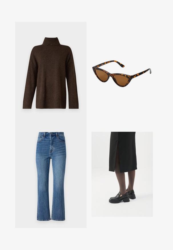 Rjav pleteni pulover z visokim rebrastim ovratnikom, širokimi rokavi in mehkobno teksturo. Ima sproščen kroj in rebraste detajle na rokavih.; Svijetloplavi traper cipelici s razvikanim nogavicama i visokim strukom, pet džepova i suptilnim izbljeđivanjem. Ima zlatno šivanje i zatvaranje na dugme.; Črne usnjene čevlje s zaobljenim prstom, debelim blokastim petama in elastičnimi stranskimi detajli, v kombinaciji s temno nogavicami in črno krilo z razporkom.; Mačje oči sončna očala z okvirom v črno-oranžni želvej ohišji, rjavimi lečami in elegantnimi, ostrimi konicami. Imajo minimalistični logo na ročaju.