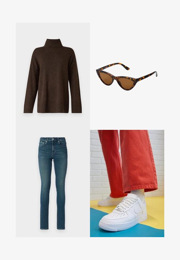 Rjav pleteni pulover z visokim rebrastim ovratnikom, širokimi rokavi in mehkobno teksturo. Ima sproščen kroj in rebraste detajle na rokavih.; Usnjeni skinny traperji temno modre barve z visokim pasom, ki imajo pet žepov in sprednje zapiranje na gumb. Gladka tekstura in tesno prileganje.; Beli usnjeni športni čevlji s perforiranim prstnim delom, teksturiranim podplatom in belimi vezalkami, v kombinaciji s širokimi rdečimi hlačami in modro-rumeno ozadje.; Mačje oči sončna očala z okvirom v črno-oranžni želvej ohišji, rjavimi lečami in elegantnimi, ostrimi konicami. Imajo minimalistični logo na ročaju.