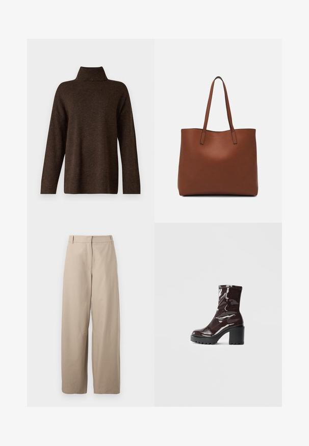 Ruskea neulepaita, jossa on korkea ribattu kaulus, leveät hihat ja pehmeä textura. Ominaisuuksiin kuuluu rento malli ja ribbaus yksityiskohtina hihoissa.; Beige, levelegga byxor i bomull. Har slät framsida, två sidofickor och en mjuk yta. Enkel och funktionell design.; Satea bordeaux berwarna mengkilap dengan tumit hitam tebal, menampilkan tekstur halus dan desain sederhana. Tanpa pengikat atau pola yang terlihat.; Ruskea nahkainen olkalaukku, jossa on sileä pinta, avoin yläosa ja kaksi olkahihnaa. Omaavat vain minimaalisen ompelun eikä näkyvää metalliosaa.