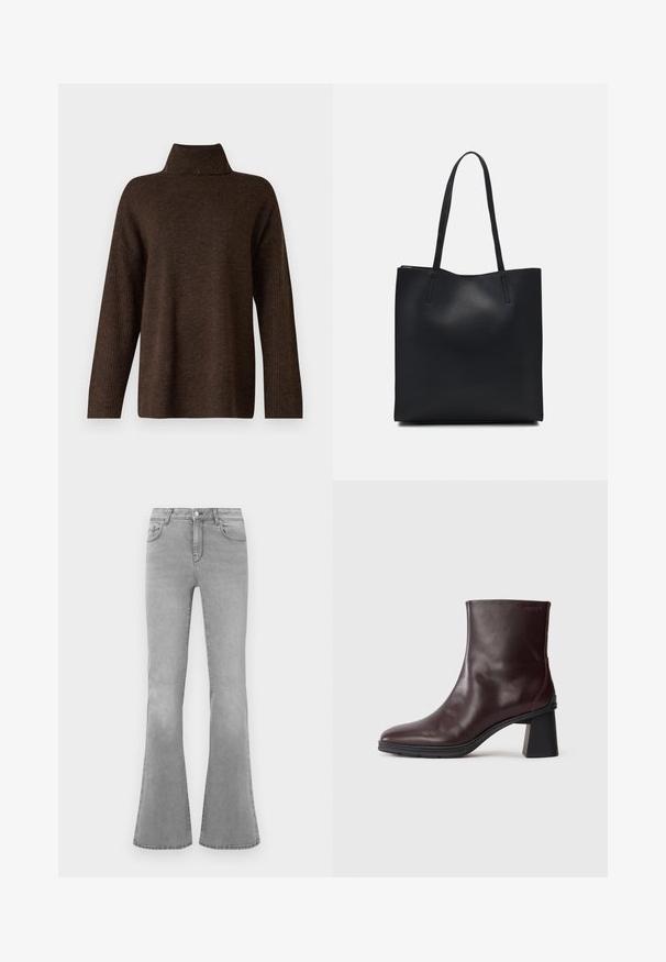 Maglione brown in maglia con colletto alto a costine, maniche larghe e una texture morbida. Presenta una vestibilità rilassata e dettagli a costine sulle maniche.; Jeans grigi flared in denim, con un classico design a cinque tasche, chiusura con zip e dettagli di scolorimento discreti lungo le gambe.; Stivale alla caviglia in pelle marrone scuro con tacco a blocco e punta rotonda, visualizzato su uno sfondo grigio chiaro uniforme.; Borsa tote in pelle nera con texture liscia, forma rettangolare e due manici lunghi. Nessun hardware o decorazione visibile.