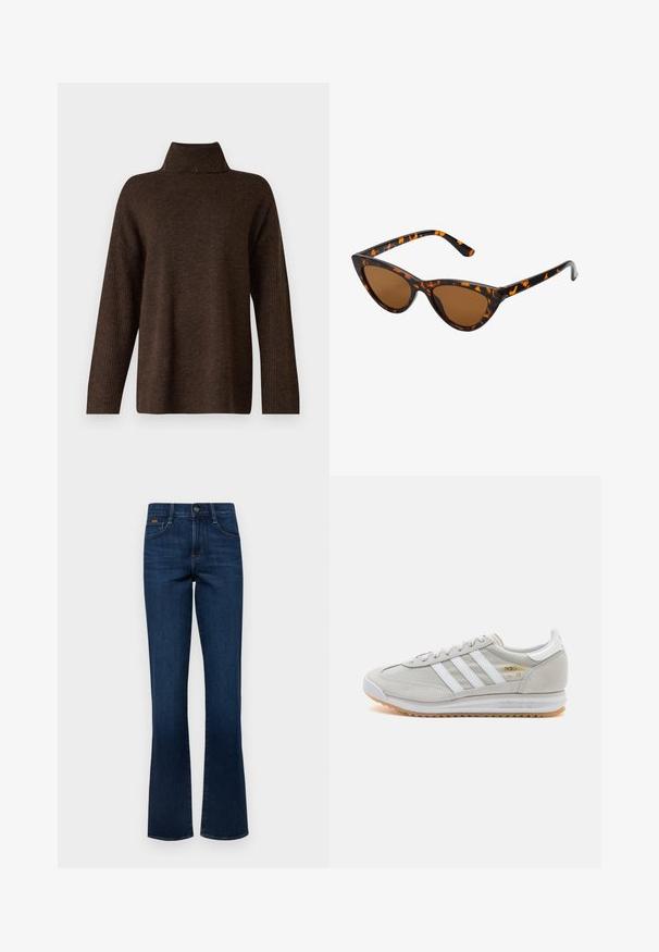 Pruun koondatud kootud särk kõrge sooniku kaelusega, laia varrukatega ja pehme tekstuuriga. Omab lõdvaist sobivust ning soonikaktsente varrukatel.; Tumedast sinisest denimist flared teksad klassikalise viie taskuga disainiga, nähtava õmblusega ja nööbiga, mis on kinnitatud vöökohtadele.; Heled hallid tossud, mis on valmistatud nubukist ja võrgust, millel on kolm valget triipu, ümmargune varvas ja kummist tald. Kuldne logoelement paelte lähedal.; Kassi vormiga prillid musta ja oranži kilpkonnakujulise raami, pruunide läätsede ja elegantsete teravate otstega. Templi juures on minimaalne logo.