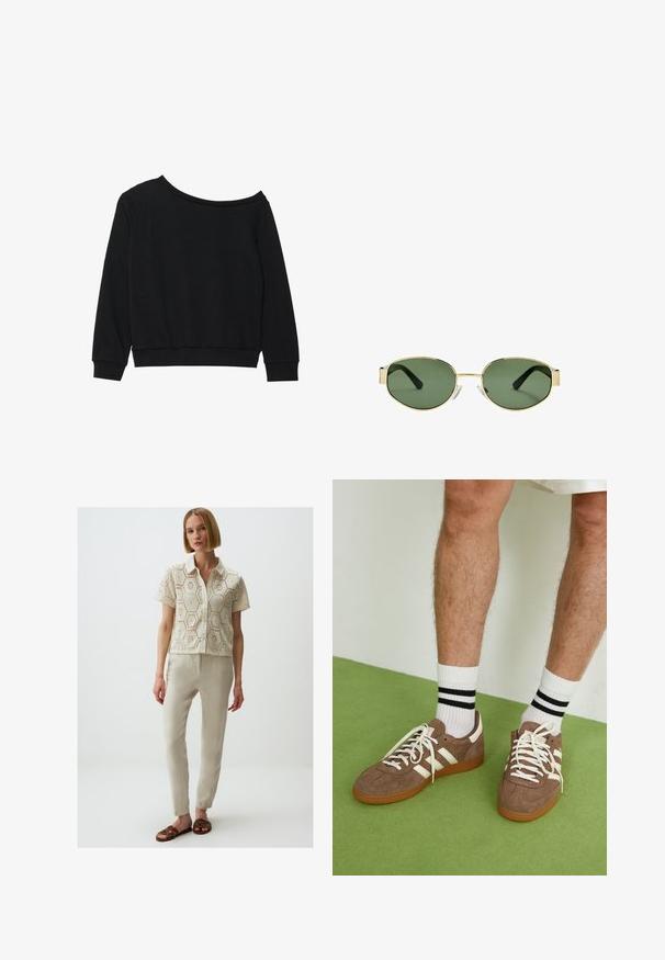 Sweatshirt noir dégageant les épaules, avec des manches longues, des poignets et une taille côtelés en tissu doux et léger. Design simple et sans ornements.; Blouse à manches courtes en crème avec un motif en dentelle et un col. Associée à un pantalon beige slim et des sandales tressées marron.; Baskets en daim marron avec des accents et des lacets blancs. Semelle en caoutchouc gomme. Portées avec des chaussettes blanches à rayures noires. Sol texturé vert.; Lunettes de soleil avec monture en métal doré et verres teintés verts, de forme ovale, avec branches noires et plaquettes de nez transparentes. Design épuré et minimaliste.; Trois barrettes en plastique de couleurs pastel : rose, jaune et bleu, en forme de pétales de fleurs, dotées d'un mécanisme à ressort et d'une finition brillante.