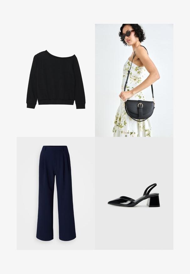 Sweatshirt noir dégageant les épaules, avec des manches longues, des poignets et une taille côtelés en tissu doux et léger. Design simple et sans ornements.; Pantalons à jambes larges en marine foncé, avec des plis à l'avant, un tissu lisse et une taille classique. Pas de poches ni de détails visibles.; Escarpins en cuir verni noir avec bout pointu et talon bloc géométrique. Présente un design élégant et minimaliste ainsi qu'une texture lisse.; Sac à main en cuir noir avec une forme courbée, bandoulière amovible et des accessoires en or. Le sac est doté d'un rabat avec un détail de boucle.