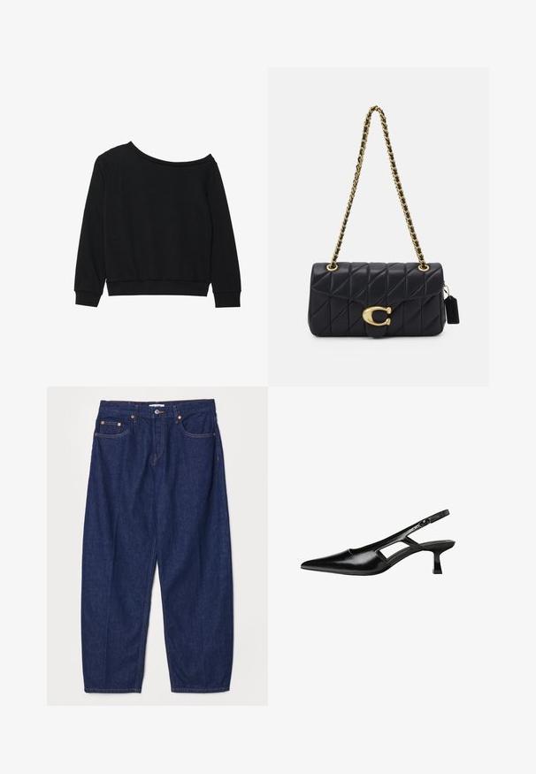 Sort off-shoulder sweatshirt med lange ærmer, ribstrikkede manchetter og talje i et blødt, let stof. Simpelt, udekoreret design.; RE/DONE WIDE TAPER - Jeans Relaxed Fit - deadstock like; Sorte patentlæder slingback hæle med spids tå, udskåret sideskærm og en lille firkantet hæl. Glat tekstur med minimale detaljer.; Sorte kviltet håndtaske med en guldkæde-rem, der har en markant guldkrog og et lille mærke, som viser en struktureret læderoverflade.