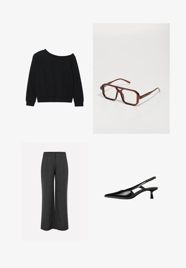 Čierna mikina bez ramien s dlhými rukávmi, rebrovanými manžetami a pásom vyrobená z jemného a ľahkého materiálu. Jednoduchý, nezdobený dizajn.; Čierne široké nohavice so bielymi pruhmi, s hladkým pásom a uvoľneným strihom pre pohodlie, vyrobené z ľahkého materiálu.; Čierne lakované kožené lodičky na podpätku s špicatou špičkou, výrezovým dizajnom na boku a malým štvorcovým podpätkom. Hladký povrch s minimálnymi akcentmi.; Hnedé priesvitné nadmerné okuliare s obdĺžnikovými šošovkami a štíhlymi ramenami. Uhlové, mierne zaoblené rohy a viditeľné kovové akcenty.