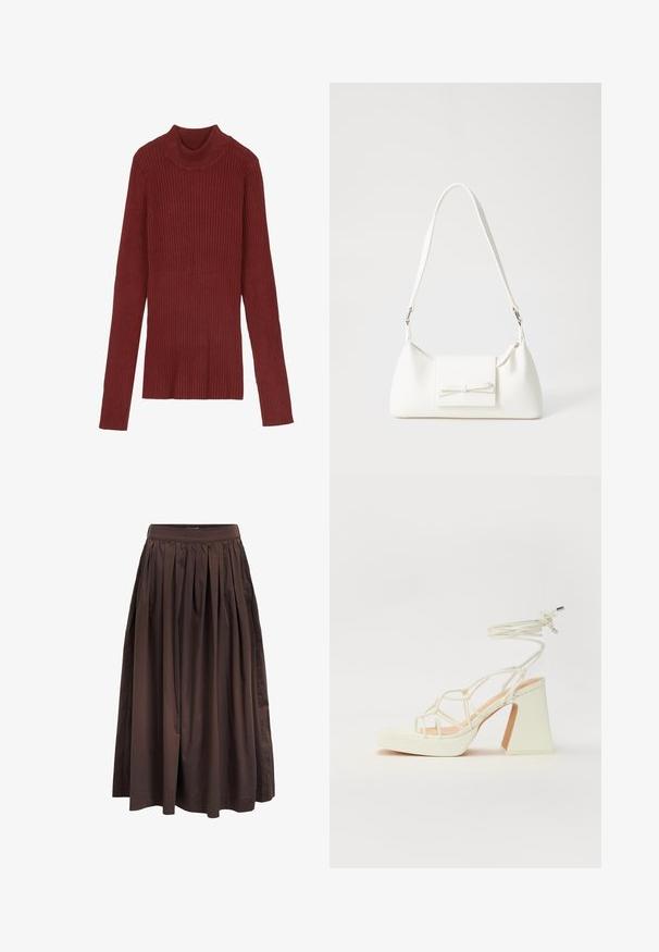 Ribbed, bordowy sweter z golfem, z długimi rękawami i dopasowanym krojem. Miękka tekstura, minimalistyczny design i brak widocznych elementów metalowych.; Brąskowa midi spódnica plisowana z wysokim stanem, wykonana z gładkiego materiału, charakteryzująca się pełnym krojem i bocznymi kieszeniami dla zwiększenia funkcjonalności.; Biała sandał na wysokim obcasie z masywnym słupkiem, z paskowym wzorem i wiązaniem przy kostce. Gładka faktura z platformą z przodu dla dodatkowej wysokości.; Biała syntetyczna torba o trójkątnym kształcie, płaskim przednim klapce i detalach w postaci kokardy, regulowanym pasku, gładkiej fakturze oraz minimalistycznym designie.