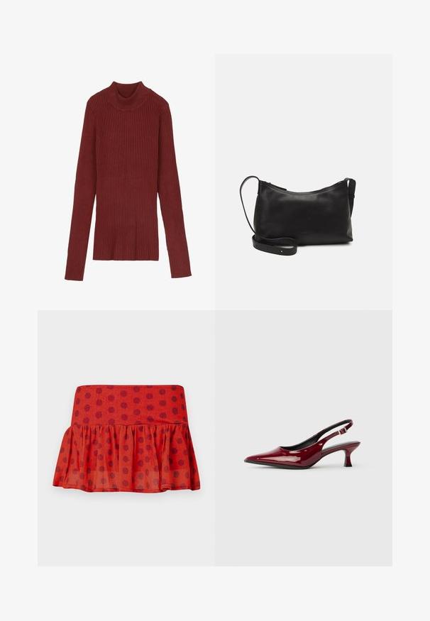 Ribbad, vinröd polotröja med lång ärm och en kroppsnära silhuett. Mjuk textur, minimalistisk design och ingen synlig hårdvara.; Röd volangkjol med svarta prickar, tillverkad av lättviktsmaterial. Har en åtsittande midja och ett lagerdesign.; Burgundy lackläder slingback klackar med spetsig tå och en elegant stiletto-häl. Öppen bakdesign med justerbar ankelrem.; Svart läder axelväska med en slät yta, rundad form, justerbar rem och dragkedjestängning. Minimalistisk design utan utsmyckningar.