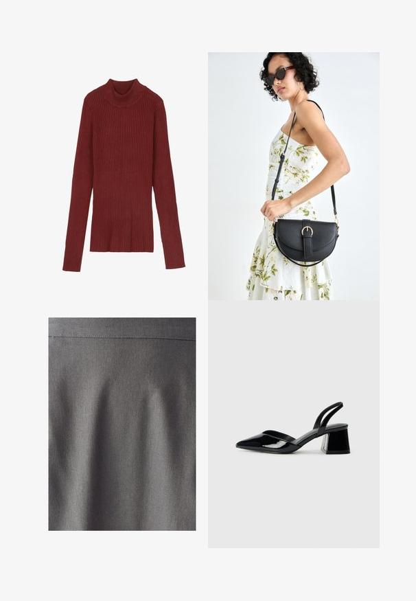 Ribana, maroon turtleneck pulover z dolgimi rokavi in oprijetim krojem. Mehak otip, minimalističen dizajn in brez vidnih delov.; Sivkasta tkanina z gladko, enotno teksturo. Nežna sijaja poudarjajo čiste linije in gube, kar nakazuje strukturiran dizajn. Ni vidnih vzorcev ali tiskov.; Črne lakirane slingback pete s koničastim nosom in geometrijsko blokasto peto. Imajo eleganten, minimalističen dizajn in gladko teksturo.; Črna usnjena torbica s ukrivljeno obliko, z odstranljivo naramnico in zlatimi dodatki. Torbica ima pokrov s podrobnostmi v obliki zaponke.