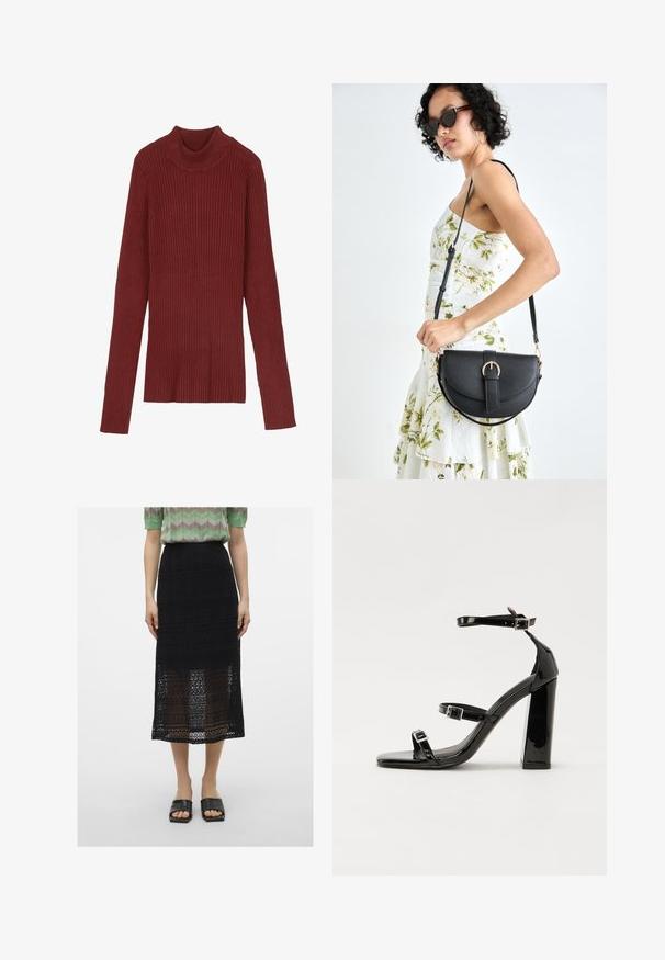 Sweater de gola alta em bordeaux, com riscas, mangas longas e silhueta justa. Textura suave, design minimalista e sem peças hardware visíveis.; Saia midi de renda preta com padrões abertos intrincados. Combinada com uma blusa verde estampada e sandálias pretas deslizantes.; Sandálias de tacão preto laqueadas com bico quadrado, tiras para o tornozelo e fivelas prateadas. Apresentam um salto bloco chunky para estabilidade.; Bolsa de couro preta com forma curva, alça destacável e detalhes em dourado. A bolsa possui uma aba com detalhe de fivela.