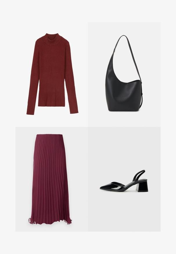 Varrukatega tumesinine soonikkoes, millel on pikkade varrukatega ja sügava kaelusega, kitsas siluett. Pehme tekstuur, minimalistlik disain ja nähtava riistvarata.; Kerge burgundi värvi voltitud seelik, millel on elastne vöökoht ja veidi volangiga äär. Ühtlased vertikaalsed voldid kogu seeliku ulatuses.; Mustad musta lakknahk kingad, millel on terav varvas ja geomeetriline plokkkonts. Omab elegantselt minimalistlikku disaini ja sujuvat tekstuuri.; Mustast nahast hobo kott, millel on sile tekstuur, kumer kuju ja üks reguleeritav rihm; peal on lai avaus.