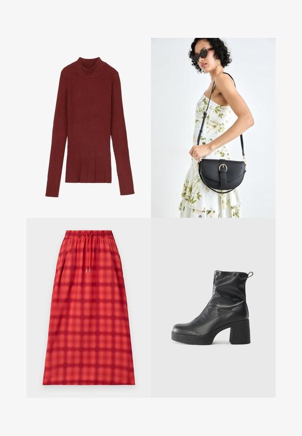 Pulover turtleneck cu dungi, de culoare vișinie, cu mâneci lungi și o siluetă ajustată. Textură moale, design minimalist și fără elemente de prindere vizibile.; Fustă roșie cu carouri, cu talie elastică și șnur. Textură netedă cu o siluetă dreaptă. Fără embellishments suplimentare.; Bocanci negri de glezna din piele netedă, cu fermoar lateral, toc texturat și masiv, și design cu vârf rotund.; Geantă din piele neagră, cu o formă curbată, curea detașabilă și accesorii aurii. Geanta are un capac cu un detaliu tip cataramă.