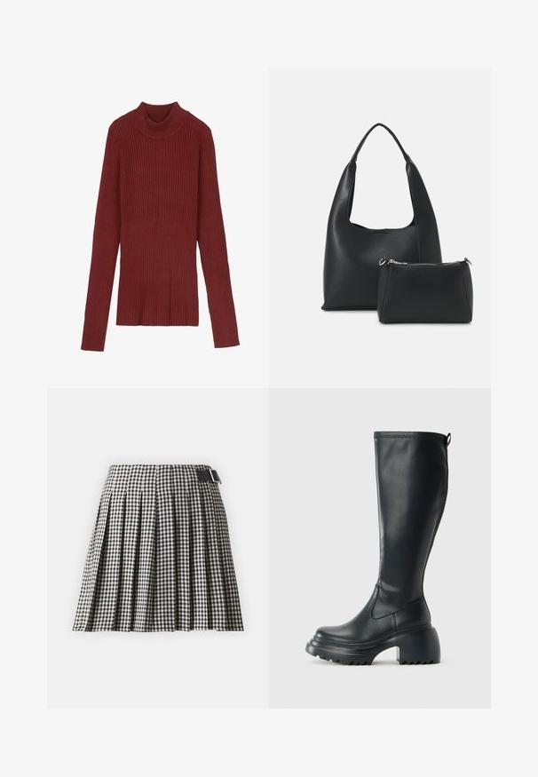 Maglione a colletto alto ribbed di color marrone bordeaux, con maniche lunghe e una silhouette aderente. Texture morbida, design minimalista e senza hardware visibile.; Gonna plissettata in bianco e nero a quadri, con vita piatta, dotata di una cintura nera con fibbia argentata. Realizzata in un tessuto leggero.; Stivale lungo in pelle nera con suola piatta robusta e tacco a blocco, dotato di linguetta e battistrada testurizzato sulla suola.; Even&Odd Borsa a mano - black
