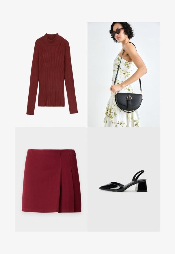 Varrukatega tumesinine soonikkoes, millel on pikkade varrukatega ja sügava kaelusega, kitsas siluett. Pehme tekstuur, minimalistlik disain ja nähtava riistvarata.; Burgundia värvi korter pleated seelik, millel on sile tekstuur, sobiv vöökoht ja külgvaheline lukustus. Lihtne, minimalistlik disain ilma mustriteta.; Mustad musta lakknahk kingad, millel on terav varvas ja geomeetriline plokkkonts. Omab elegantselt minimalistlikku disaini ja sujuvat tekstuuri.; Mustmust mustraha kõverate joontega, eemaldatava rihmaga ja kuldsete detailidega. Kotil on klapp, millel on pandladetail.