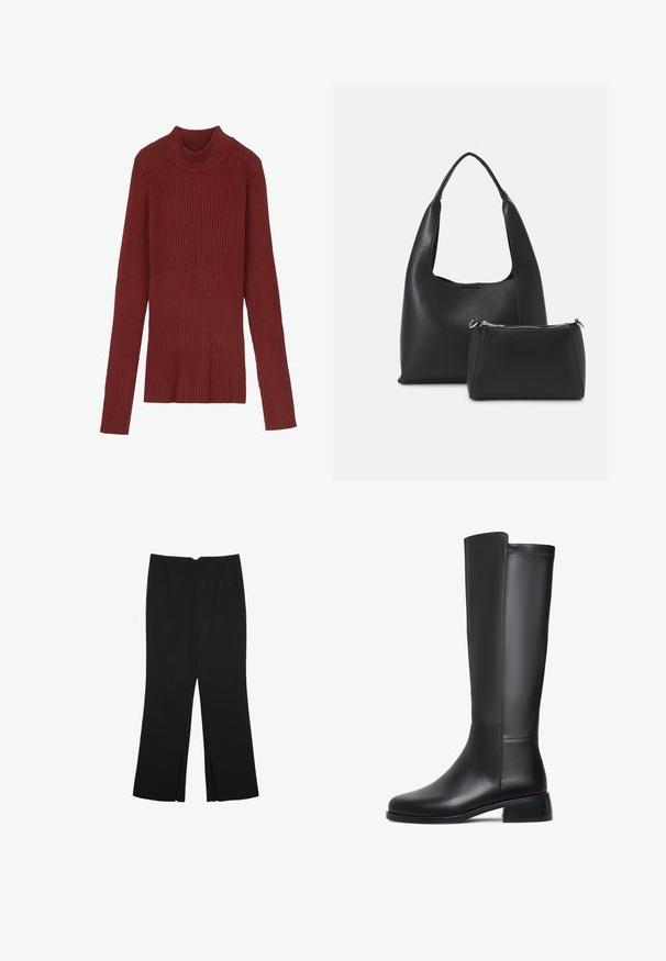 Gestreepte, kastanjebruine coltrui met lange mouwen en een aansluitende pasvorm. Zachte textuur, minimalistisch ontwerp en geen zichtbare hardware.; Zwarte broek met een rechte pasvorm, voorzien van zijzakken en plooien aan de onderzijde. Gemaakt van zachte, gladde stof. Geschikt voor verschillende gelegenheden.; Zwarte leren kniehoge laars met een gladde textuur, ronde neus, lage blokhak en subtiele stikdetails aan de zijkant.; Even&Odd Handtas - black