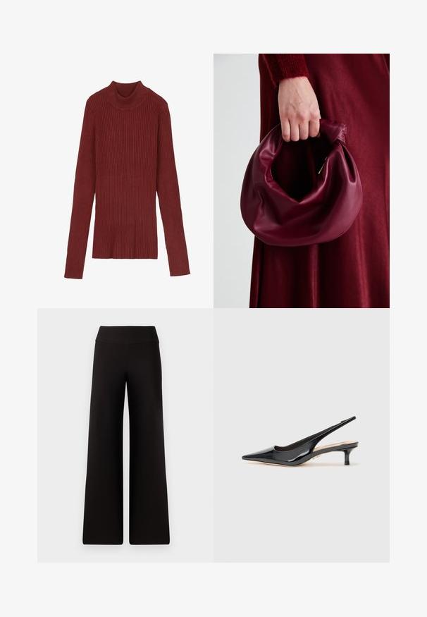Gestreepte, kastanjebruine coltrui met lange mouwen en een aansluitende pasvorm. Zachte textuur, minimalistisch ontwerp en geen zichtbare hardware.; Zwarte wijde broek met een soepele tailleband, gemaakt van een zachte stof. Heeft een losse pasvorm en minimale stikseldetails.; Zwarte gepatineerde leren slingback hak met een puntige neus en een slanke hak van gemiddelde hoogte. Gladde textuur met minimalistische ontwerpelementen.; Bordeaux leren handtas met een zacht, gegathered ontwerp en een ronde vorm. De handgreep is stevig bevestigd en toont een gladde textuur.