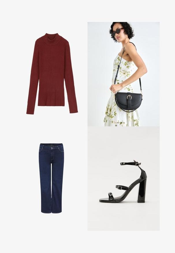 Csíkos, bordó garbós pulóver hosszú ujjal és testhez simuló fazonnal. Puha tapintású, minimalista dizájn, látható szerelvények nélkül.; Sötétkék farmernadrág egyenes szabással, öt zsebbel és fémből készült gombos záródással. Közepes súlyú anyag, sima textúrával.; Fekete lakk magas sarkú szandál két csatos pánttal, négyzet alakú orral és tömzsi blokk sarokkal, sima, fényes felülettel.; Fekete bőrtáska ívelt formával, levehető pánttal és arany színű fémrészekkel. A táskán egy csattal díszített fedél található.