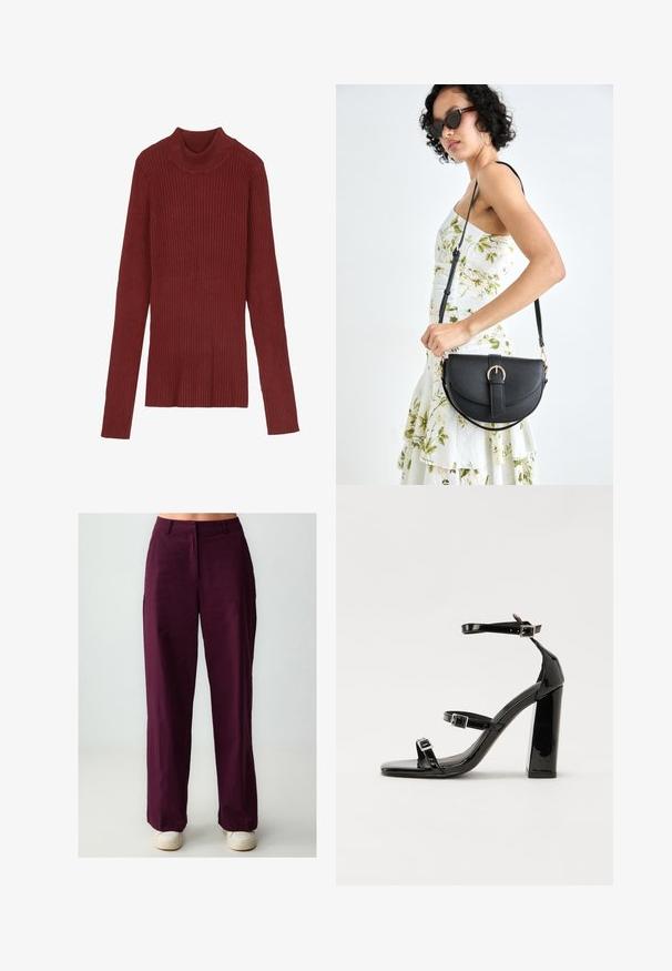 Ribbed, maroon turtleneck sweater with long sleeves and a fitted silhouette. Soft texture, minimalistic design, and no visible hardware.; Burgundy wide-leg pants with a smooth texture, featuring a front crease and side pockets, paired with white sneakers.; Black patent high-heeled sandals with two buckle straps, square toe, and a chunky block heel, featuring a smooth, glossy texture.; Black leather handbag with a curved shape, detachable strap, and gold hardware. The bag features a flap with a buckle detail.