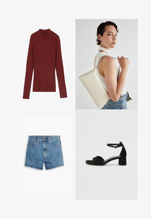 Ribblots, bordo krāsas džemperis ar garām piedurknēm un piegulošu siluetu. Maigs audums, minimālistisks dizains un nav redzamu aksesuāru.; Gaiši zili džinsu šorti, kas aprīkoti ar piecām kabatām, rāvējslēdzēja aizdari un pogu aizdari. Apakšmala ir saplēsta, un izskats ir brīvs.; Melni zamša augstpapēžu sandeļi ar šauru potītes siksniņu, atvērtu purngalu un pieticīgu bloku papēdi. Gluda tekstūra un minimāli akcenti.; Balts taisnstūra clutch soma, izgatavota no spīdīga materiāla, ar sudraba ķēdes siksnu. Modelis pozē, demonstrējot somu uz vienkārša fona.