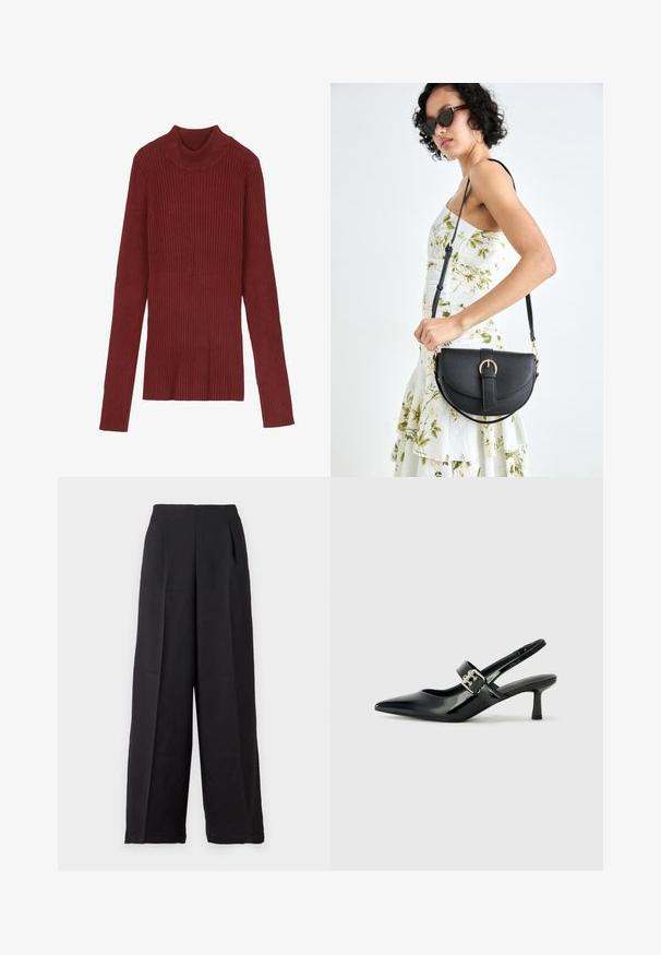 Ribota, bordinė golfas su ilgomis rankovėmis ir pritaikytu siluetu. Minkšta tekstūra, minimalistinis dizainas ir nematomi elementai.; Juodos plačios kelnės su lygiu paviršiumi, aukštu liemeniu ir priekinėmis klostėmis, suteikiančios pritaikytą išvaizdą ir pakankamai judėjimo laisvės.; Juodai lakuoti slingback aukštakulniai su smailiu kojų pirštu ir mažais blokiniais kulniukais, su sidabro sagtimi ant dirželio.; Juodas odinis krepšys su išlenkta forma, nuimamu dirželiu ir auksiniais detalėmis. Krepšys turi kilpą su sagtimi.