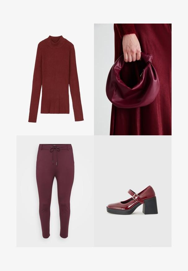 Sweater de gola alta em bordeaux, com riscas, mangas longas e silhueta justa. Textura suave, design minimalista e sem peças hardware visíveis.; Calças elásticas bordeaux com cintura ajustável, apresentando um design justo e pernas afuniladas, expostas contra um fundo branco.; Sapatos de salto Mary Jane em verniz bordeaux com um largo salto em bloco, tira ajustável e design de biqueira redonda. Sola texturizada preta.; Bolsa de couro bordô com um design suave e franzido, e uma forma arredondada. A alça é fixa, apresentando uma textura suave.