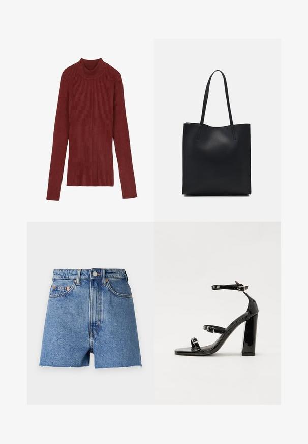 Ribbad, vinröd polotröja med lång ärm och en kroppsnära silhuett. Mjuk textur, minimalistisk design och ingen synlig hårdvara.; Ljusblå denimshorts med hög midja, fransad fåll och koppardetaljer. Har två framfickor och klassisk femficksdesign.; Svarta lackerade högklackade sandaler med två spännband, fyrkantig tå och en tjock klack, med en slät och glansig yta.; Svart lädertoffelväska med slät textur, rektangulär form och två långa handtag. Ingen synlig hårdvara eller dekorationer.