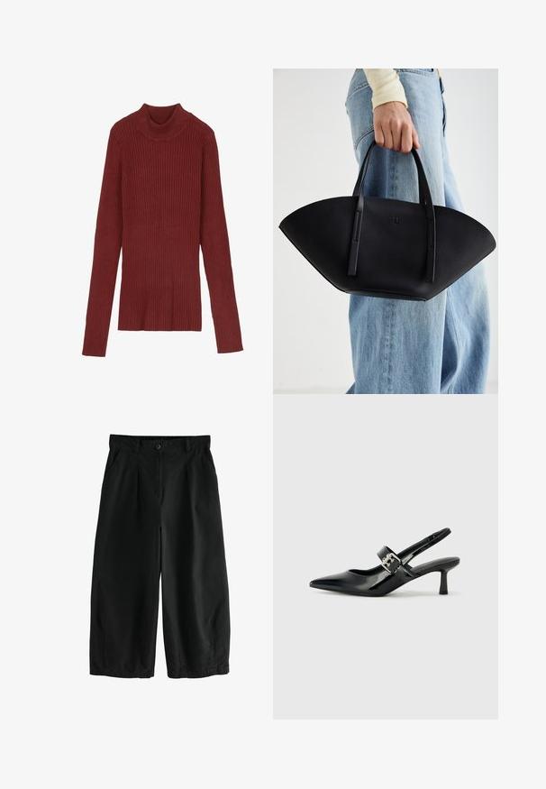 Gestreepte, kastanjebruine coltrui met lange mouwen en een aansluitende pasvorm. Zachte textuur, minimalistisch ontwerp en geen zichtbare hardware.; Zwarte wijde broek van katoen, met een knoopsluiting, plooien aan de voorkant en zijzakken; gladde textuur en losse pasvorm.; Zwarte gepatineerde leren slingback hakken met een puntige neus en een kleine blokhak, met een zilveren gespaccent op de band.; Zwarte leren handtas met een unieke waaier vorm, voorzien van platte handvatten. Het oppervlak heeft een gewelfde textuur en een minimalistisch ontwerp.