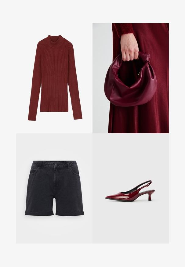 Suéter de cuello alto en color burdeos con acanalado, de mangas largas y silueta ajustada. Textura suave, diseño minimalista y sin herrajes visibles.; Shorts de mezclilla negra con un diseño clásico, que presentan dobladillos doblados, presillas para el cinturón y bolsillos delanteros. Textura suave con detalles de costura sutiles.; Zapatos de tacón slingback de charol burdeos con puntera afilada y elegante tacón de aguja. Diseño de espalda abierta con detalle de tira ajustable en el tobillo.; Bolso de cuero burdeos con un diseño suave y recogido y una forma redondeada. La asa está asegurada, mostrando una textura lisa.
