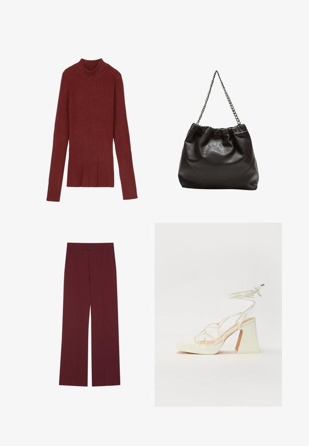 Rippentierter, kastanienroter Rollkragenpullover mit langen Ärmeln und figurnahem Schnitt. Weiche Textur, minimalistisches Design und keine sichtbaren Beschläge.; Bordeauxfarbene Hose mit weitem Bein, ausgestattet mit einem Knopfverschluss, zwei seitlichen Taschen und Falten auf der Vorderseite. Glatte Stoffoberfläche.; Weiße High-Heel-Sandale mit einem klobigen Absatz, die über ein Riemchendesign und ein Knöchelband verfügt. Glatte Textur mit einer Plattform vorne für zusätzliche Höhe.; Braune Lederhandtasche mit gerafftem Oberteil und Kettenriemen. Glatte Textur mit glänzendem Finish und subtilen Nahtdetails an den Seiten.
