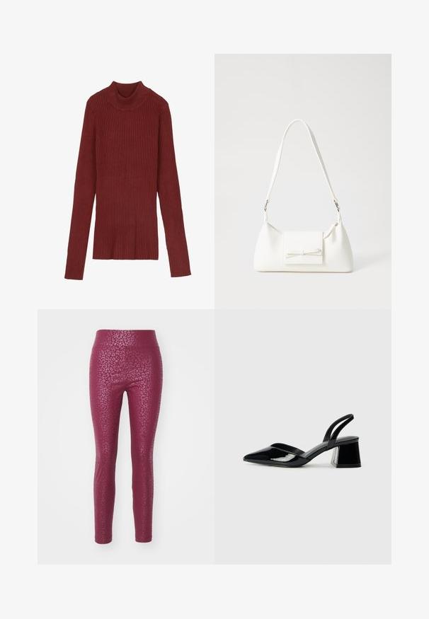 Sweater de gola alta em bordeaux, com riscas, mangas longas e silhueta justa. Textura suave, design minimalista e sem peças hardware visíveis.; Leggings ajustados de cor bordô com um padrão texturizado de onça, apresentando uma cintura alta e acabamento suave.; Sandy em verniz preto com salto slingback, ponta afilada e salto geométrico. Apresenta um design elegante e minimalista com textura suave.; Mala sintética branca com formato triangular, aba frontal plana e detalhe de laço, alça ajustável, textura suave e design minimalista.