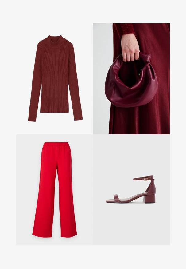 Varrukatega tumesinine soonikkoes, millel on pikkade varrukatega ja sügava kaelusega, kitsas siluett. Pehme tekstuur, minimalistlik disain ja nähtava riistvarata.; Punased laiad püksid elastse vöökohtaga, mis on valmistatud siledast ja kergest materjalist. Kujunduses ei ole nähtavaid metallosi ega mustreid.; Burgundi nahkainel sandaal ruudukujulise varbaga, peene pahkluu rihmaga, kuldse riistvaraga ja paksu plokk-kanna. Sile tekstuur ja minimalistlik disain.; Burgundia värvi nahk käekott, millel on pehme, kokku tõmmatav disain ja ümar kuju. Käepide on kindlalt kinnitatud, näidates siledaid pindu.