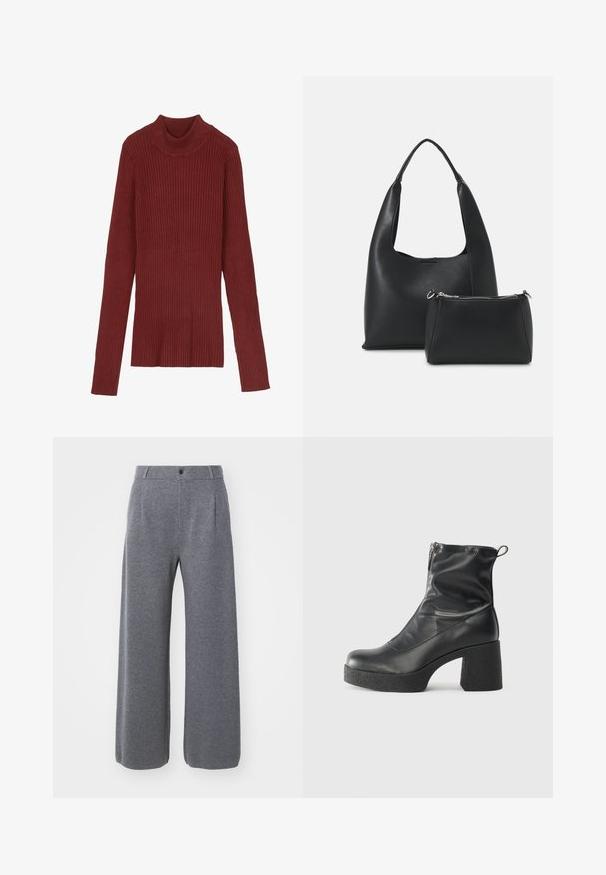 Ribana, maroon turtleneck pulover z dolgimi rokavi in oprijetim krojem. Mehak otip, minimalističen dizajn in brez vidnih delov.; GAP CASHSOFT TAILORED PANT - Hlače - charcoal heather; Črne gležnjarje iz gladke kože z božnim zadrgo, masivnim teksturiranim peto in zaobljeno obliko prstov.; Even&Odd Torbica - black