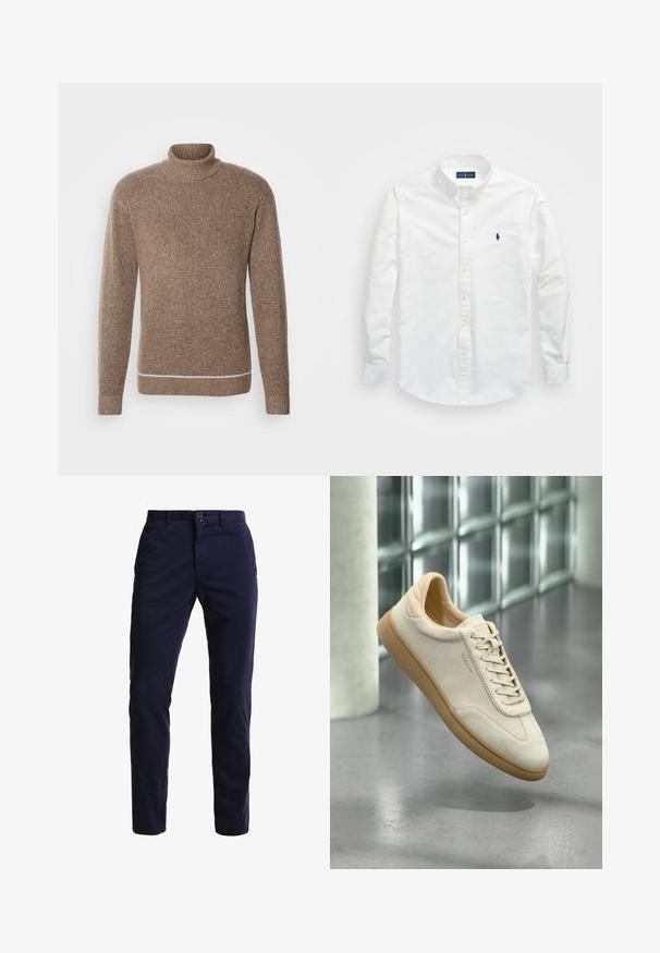 INDICODE JEANS Camisola - otter; Camisa branca de botão, feita de algodão. Apresenta um colarinho pontudo, mangas longas e um pequeno logótipo azul-marinho no peito. Textura suave.; Chinos azul-marinho feitos de um tecido misto de algodão, apresentando um design de perna reta, bolsos frontais, fecho de zip e uma cintura com um único botão.; Sapatilha de camurça bege com sola texturizada em borracha cor de caramelo. Apresenta atacadores planos, biqueira arredondada e marcação subtil na lateral. Colarinho levemente acolchoado.