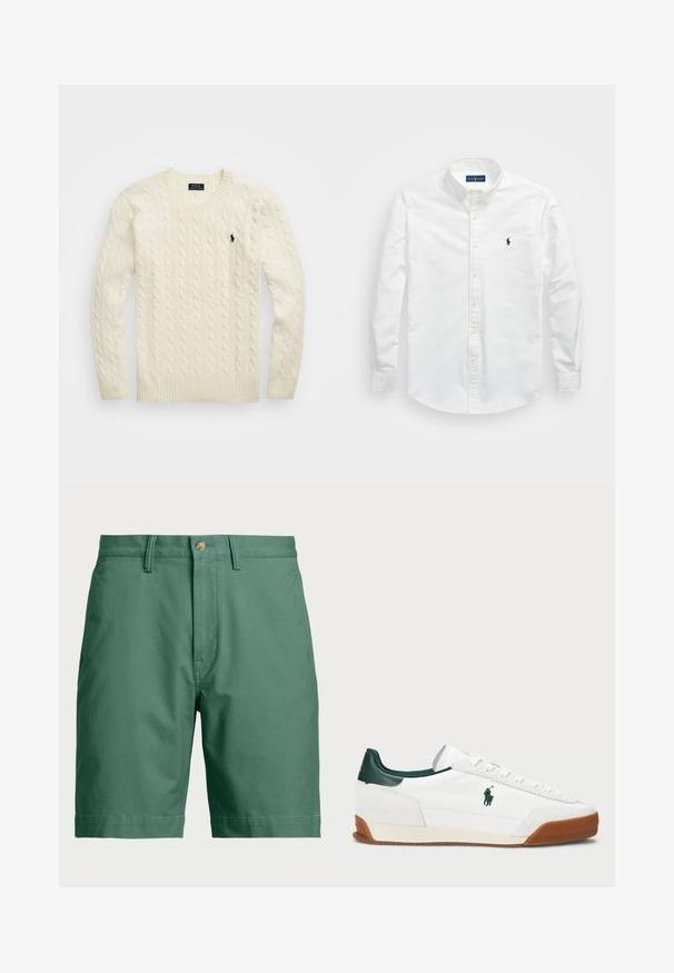 Krämfärgad kabelstickad tröja i mjukt material, med ribbad halsringning och ärmslut, samt en liten svart logotyp på vänster bröst.; Vit skjorta med knappar i bomull. Har en spetsig krage, långa ärmar och en liten marinblå logotyp på bröstet. Slät textur.; Gröna bomullsshorts med knäppning och bälteshällor. Enkel design med rak passform och utan synliga mönster eller detaljer.; Vita sneakers med gröna läderdetaljer och en tan-färgad gummisula. Har en tygkropp och en framträdande logotyp på sidan. Snördesign.