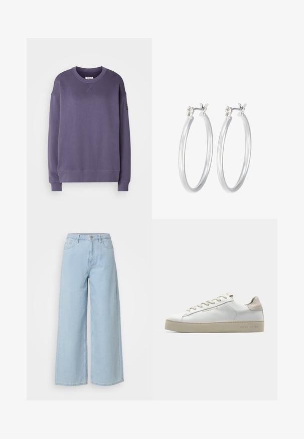 Lilla pikkhihaline sweatshirt pikemate varrukatega, soonikkoes sääregaas ja hem, väike detail esikaelusel ning must silt vasakul varrukal.; Heledad sinine laia jalgadega teksapüksid, mis on valmistatud denimist, ulatudes nööbi ja luku sulgemiseni, kahe esipocketiga ja puhta, viimistletud äärega.; Valge nahast toss, millel on sile pind, beežist seemisnahast aktsendid, ümar nina, lame puuvillane pael ja tekstuuriga kummitald.; Hõbedased rõngaskõrvarõngad, millel on sile, läikiv viimistlus. Ümmargune kuju ja turvaline klõpsulatus. Kerge disain, sobib igapäevaseks kandmiseks.