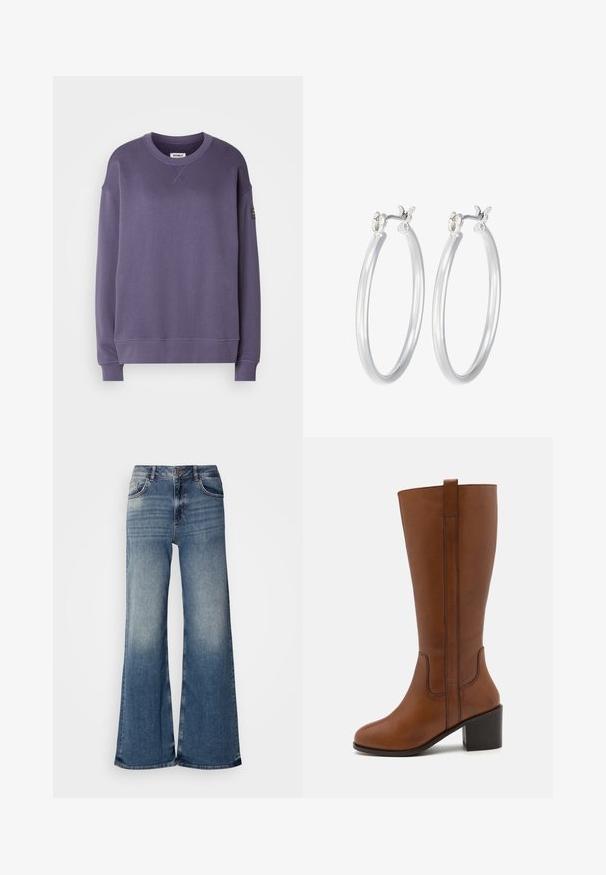 Violetti crewneck-huppari, jossa on pitkät hihat, ribbaus hihansuissa ja helmassa, pieni etumaisen kaulan yksityiskohta ja musta etiketti vasemmassa hihassa.; Vaaleansiniset farkut, joissa on leveät lahkeet ja korkea vyötärö. Farkuissa on haalistuneita kohtia, klassinen viiden taskun muotoilu ja risat helmaosa.; Kahva nahkainen polven ylle ulottuva saapas, jossa on pyöristetty kärki, sivusaumat ja lohkare korko. Varustettu takana olevan vetoketjun avulla, mikä helpottaa pukemista.; Hope-silver rengas, joissa on sileä ja kiillotettu pinta. Pyöreä muoto ja turvallinen napsautettava lukitus. Kevyt muotoilu sopii päivittäiseen käyttöön.