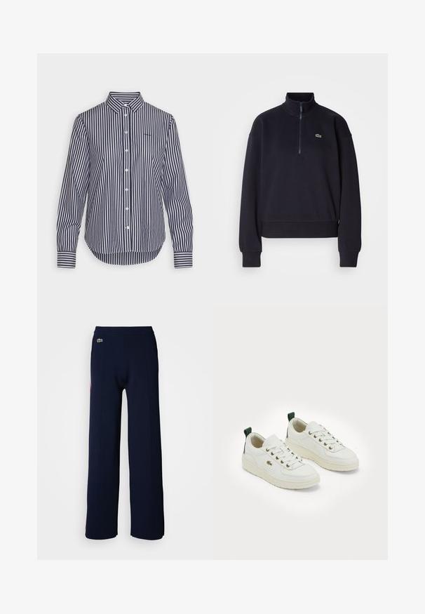 Tumesinine dressiga, millel on kõrge kaelus ja veerand-zip, pikkade varrukatega ja ribakujuline äär. Rinnal on väike roheline logo.; Tumesinine ja valge triibuline pikakäine särk klassikalise krae, nööbiga kinnituse ja kontrastsete mansettide detailidega. Pehme materjal sileda tekstuuriga.; Tumedate sinise värvi laiad püksid pehme tekstuuriga, ribitud vöökohaga ja väikese rohelise logoga ees, rõhutades puhtat disaini.; Valged nahast tossud ümarate varvastega, kuldsete silmadega, lamedate paeltega ja rohelise aktsendiga kandadel. Omavad tekstureeritud kummitalda.