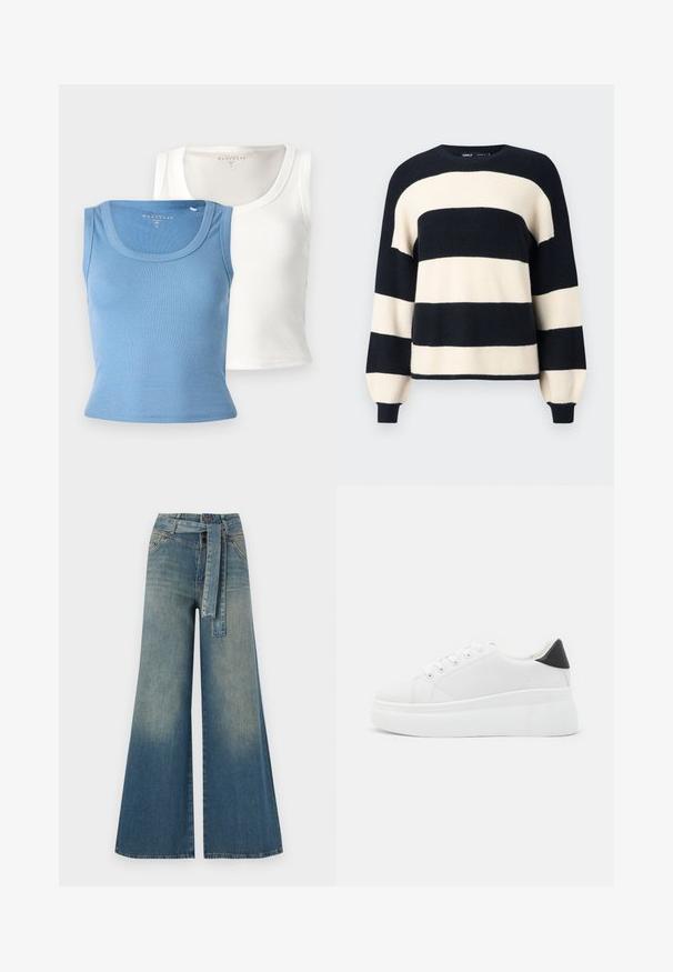 Pull rayé avec de larges rayures horizontales bleu marine et crème. Col et poignets côtelés avec une coupe décontractée. Texture douce.; Deux débardeurs à côtes : l'un bleu clair et l'autre blanc. Chacun présente un col rond et une silhouette ajustée, mettant en valeur la texture du tissu.; Pantalons en denim à jambe large présentant un dégradé de bleu clair à bleu foncé, taille haute, passants de ceinture et une ceinture en tissu assortie. Finition en denim texturé.; Baskets plates blanches en matériau synthétique lisse, avec un bout arrondi, un design à lacets et une semelle en caoutchouc texturé. Accent de talon noir.
